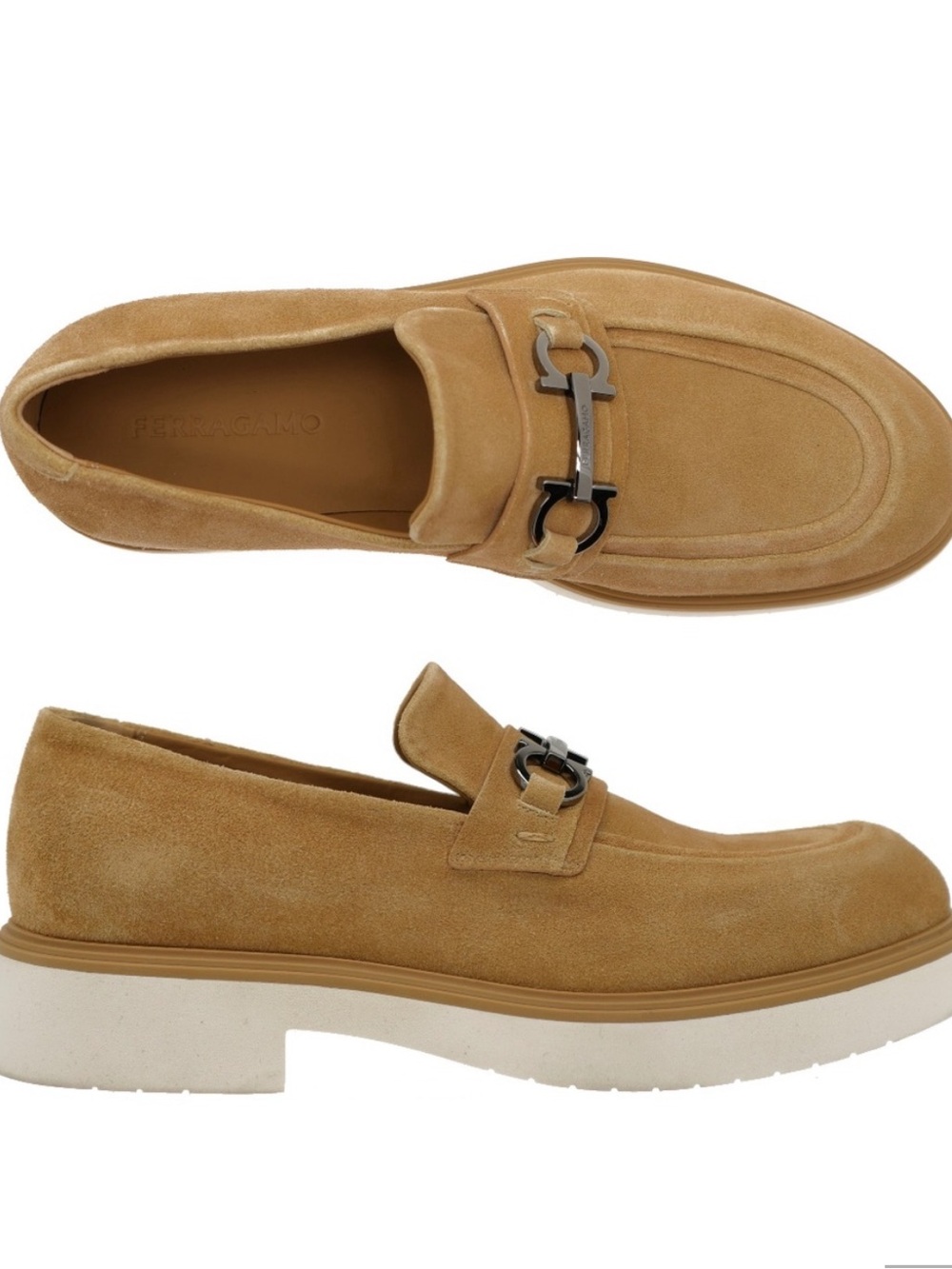 Ferragamo Fiorello 11 and 11.5 Men's Suede Tan Slip-On Loafers with Metal Bit